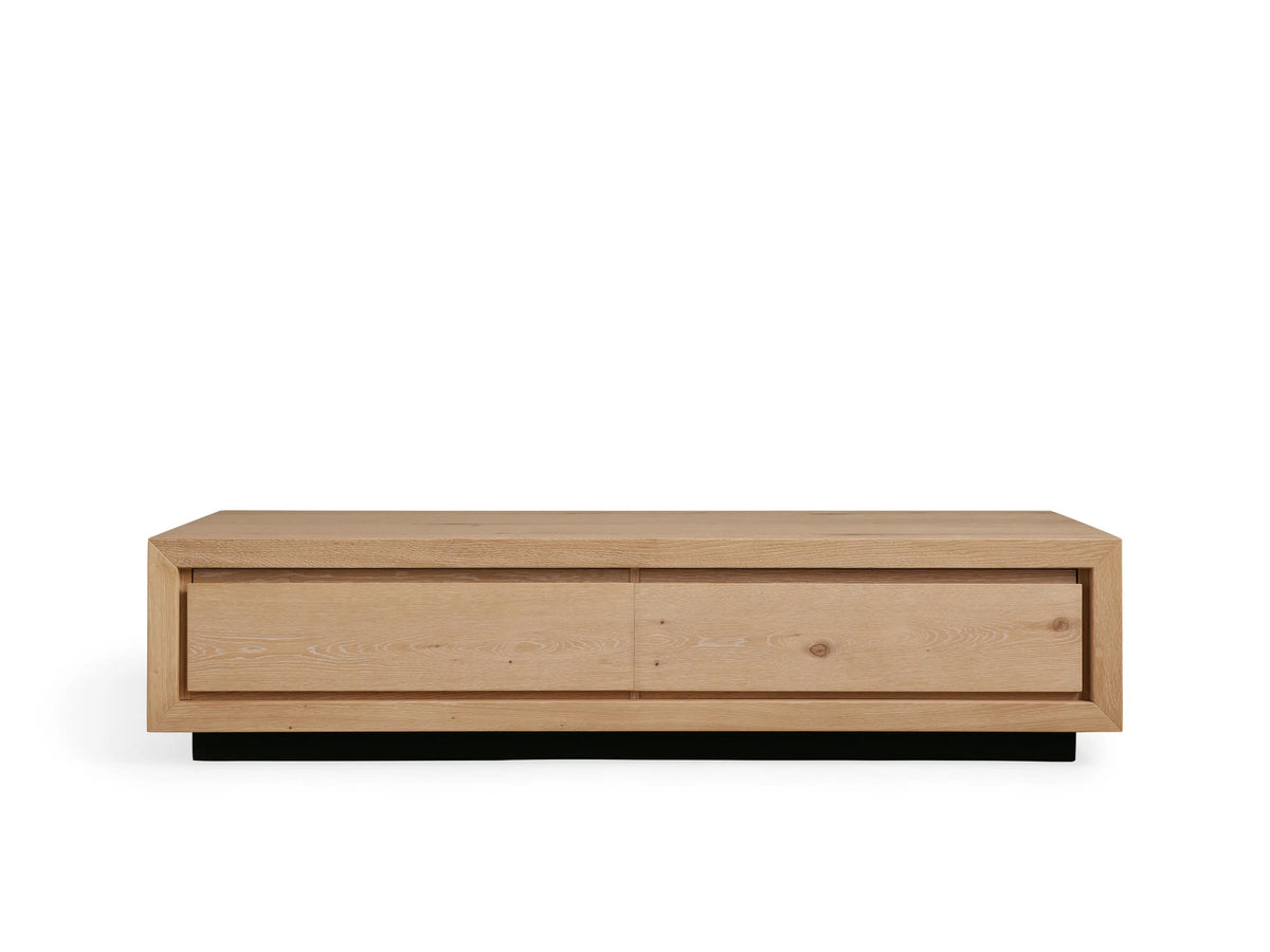 Sullivan Storage Coffee Table made of natural European oak, showing wood grain, knots, and a matte finish, viewed from above.