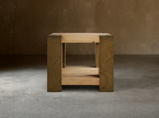 Telluride End Table with light oak wood top and shelf, flanked by distressed dark brass-colored oxidized steel sides.