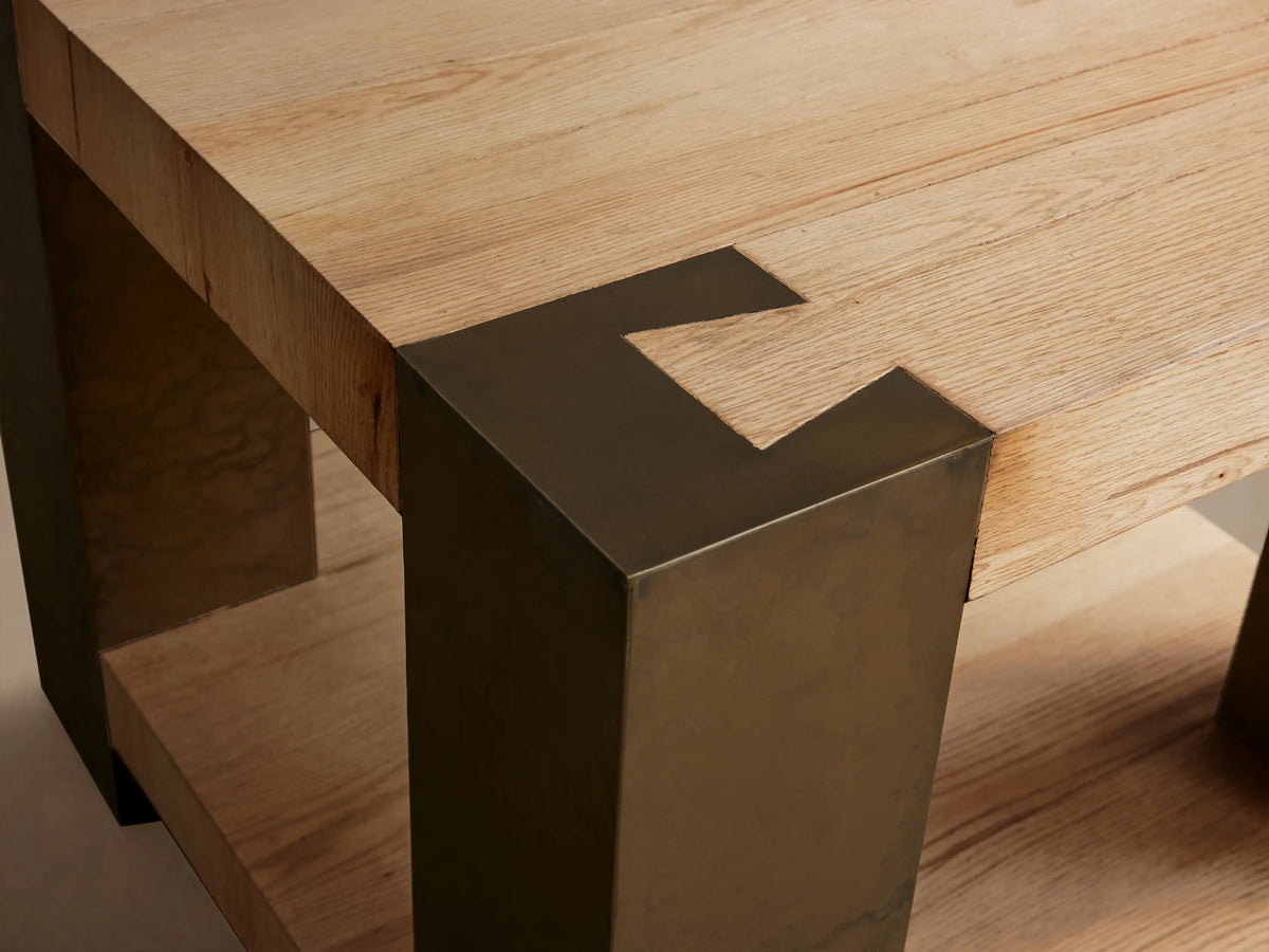 Telluride End Table, square. Light oak wood top & shelf, framed by dark, distressed oxidized steel legs on a wood floor.