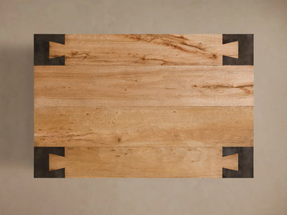 Top-down view of the Telluride Coffee Table‚Ñ¢, featuring light oak wood planks and dark oxidized steel C-shaped corner brackets.
