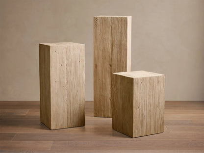 Three light beige Driftwood finish Ubud Pedestals, rectangular and varying heights, showing textured reclaimed teak wood grain.