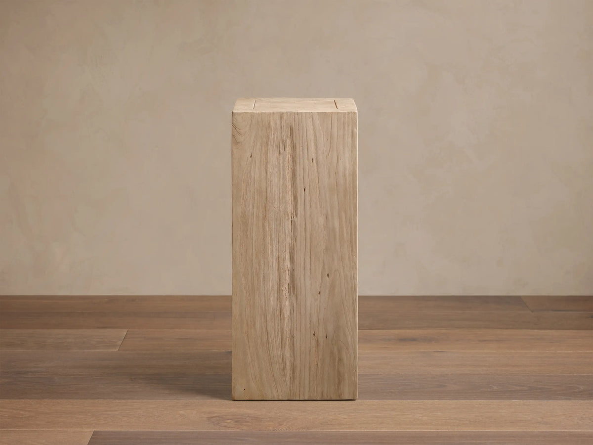 Front view of a rectangular Driftwood Ubud Pedestal, made from reclaimed teak wood with visible grain and natural variations.