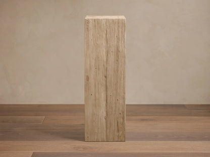 Front view of the light beige Driftwood finish Ubud Pedestal, crafted from reclaimed teak wood, showing natural grain and texture.