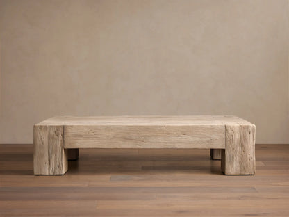 Front view of the light beige Driftwood finish Ubud Coffee Table, showcasing its square shape and reclaimed teak wood texture.