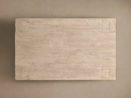 Front view of the light beige Driftwood finish Ubud Coffee Table, showcasing its square shape and reclaimed teak wood texture.