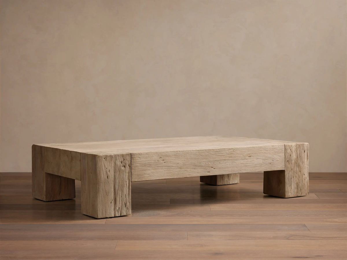 Close-up of the Driftwood Ubud Coffee Table, made from reclaimed teak, showing its thick construction, joinery, and rustic texture.