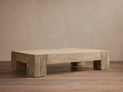 Close-up of the Driftwood Ubud Coffee Table, made from reclaimed teak, showing its thick construction, joinery, and rustic texture.