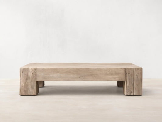 Front view of the light beige Driftwood finish Ubud Coffee Table, showcasing its square shape and reclaimed teak wood texture.