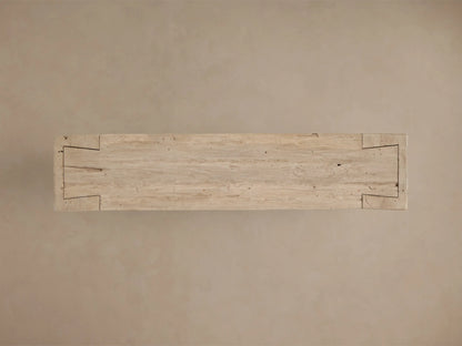 Top view of the Driftwood finish Ubud Console Table, highlighting its light beige reclaimed teak wood and unique finger joinery.