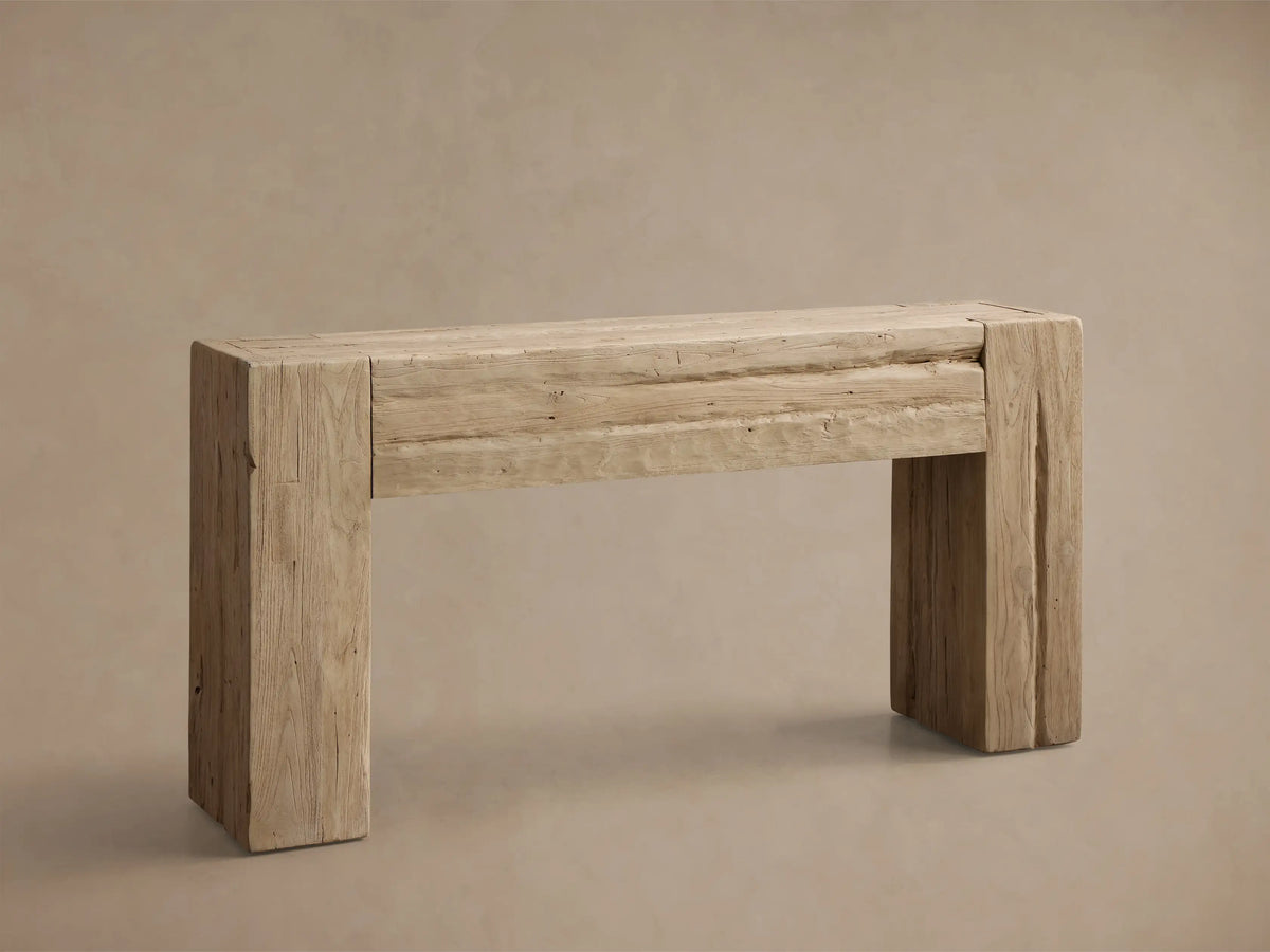 Front view of the rustic Driftwood Ubud Console Table, crafted from light-toned reclaimed teak wood with prominent grain.