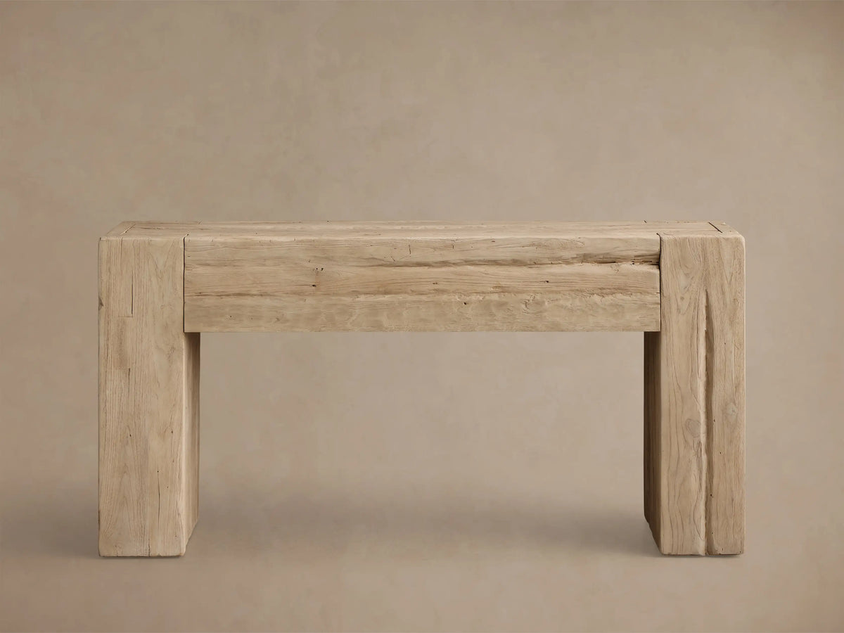 Front view of the light beige Driftwood Ubud Console Table, crafted from reclaimed teak with visible wood grain.