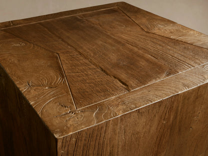 Ubud End Table in reclaimed teak wood with a rich brown color and visible natural wood grain, set against a neutral background.