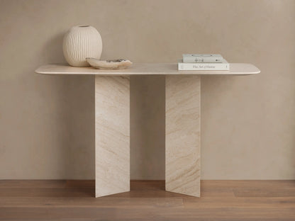 Vesuvius Console Table: Light natural marble console with a rounded rectangular top and two thick, angular panel legs.