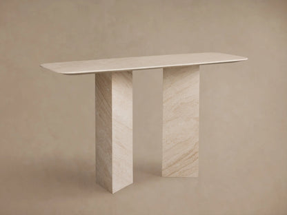 Vesuvius Console Table: Light natural marble console with a rounded rectangular top and two thick, angular panel legs.