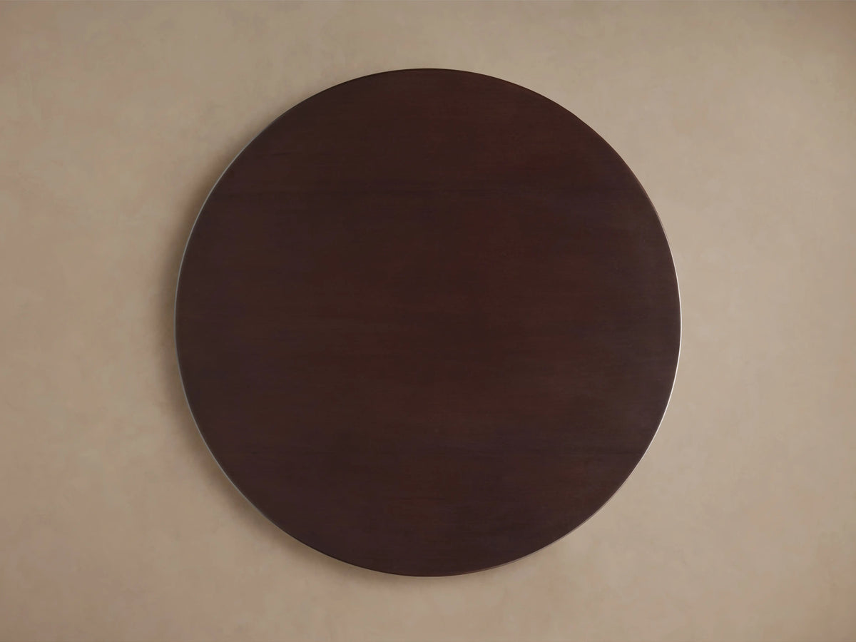 Circular top view of the Volant Leather End Table with a smooth, dark brown leather finish and subtle wood grain texture.