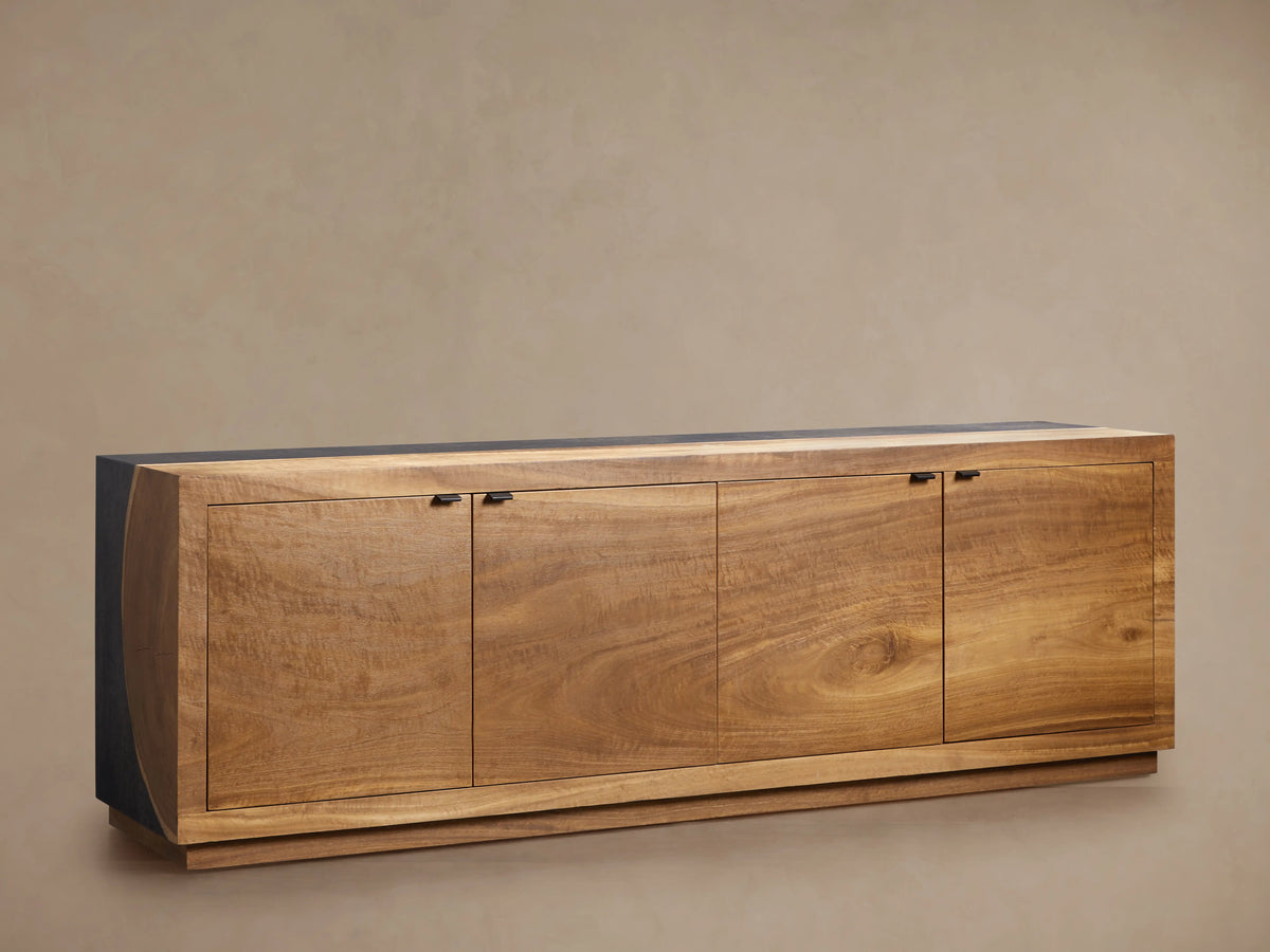 Acacius Media Console made from reclaimed yukas veneer features three warm-toned wooden cabinet doors, set against a neutral backdrop.