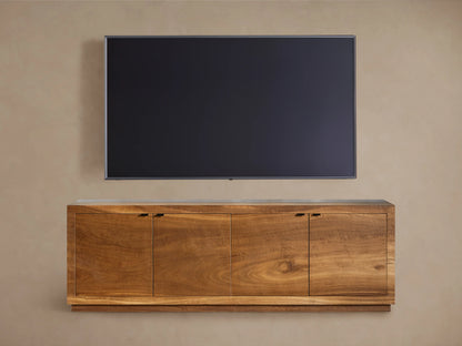 Acacius Media Console made from oxidized steel and reclaimed yukas veneers. Two cabinet doors open, revealing interior shelves.