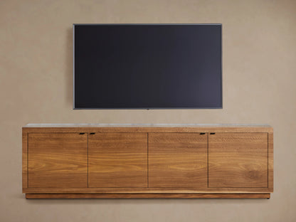 Acacius Media Console with naturally oxidized steel top and reclaimed yukas wood veneer. One door open showing interior shelves.