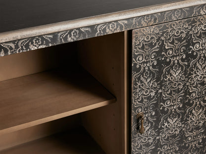 Antique black Amalfi Cabinet with intricate white floral patterns on the door, open shelves inside, and a distressed finish.