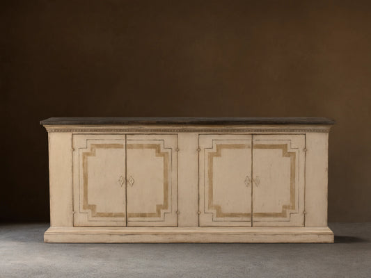 Oriana Buffet, hand-painted distressed off-white cabinet, dark top, four doors with geometric accents & ornate handles.