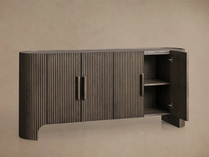 Astor Sideboard with dark oak veneer finish, vertical reeding, soft-close cabinet doors, and wooden pulls against a neutral wall.