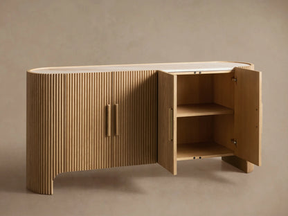 Astor Sideboard with light natural oak reeding texture, rounded corners, light marble top, and two doors with wood pulls.