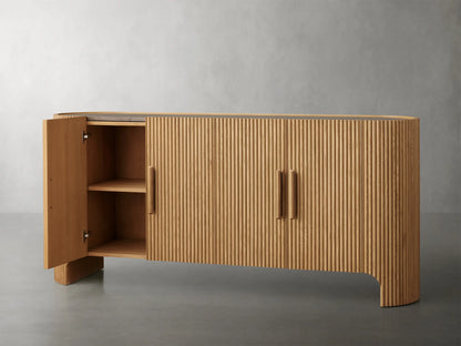 Astor Sideboard with vertical oak wood reeding, four soft-close doors, wooden pulls, and brass accents on a marble top.