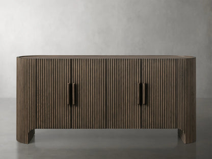 Astor Sideboard with open cabinet showing oak veneer, wood reeding detail, and dark marble top, revealing spacious interior.