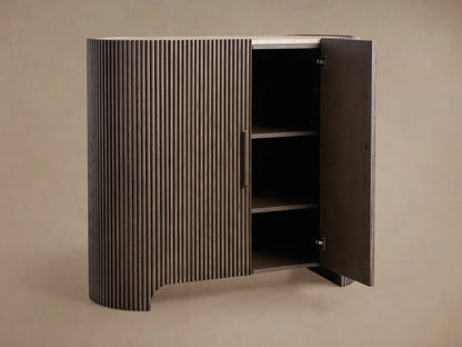 Astor Hall Chest: Dark brown, reeded oak veneer cabinet with curved sides, two doors, and wooden pulls on a wood floor.