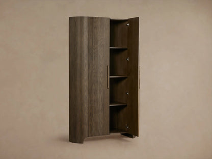 Front view of the dark oak Astor Cabinet with vertical reeding, rounded sides, and two vertical wooden pulls.