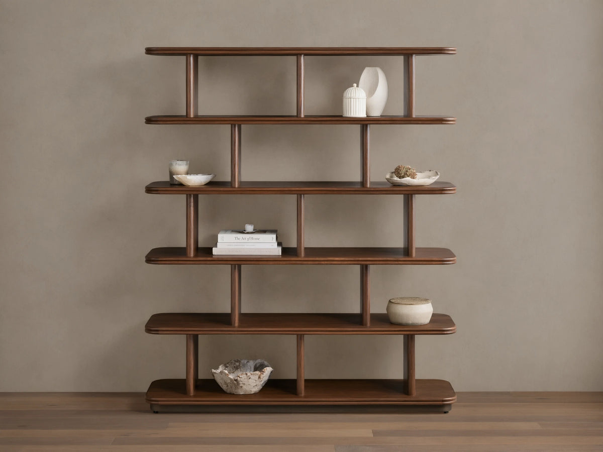 Front view of dark brown Caden Shelving, a tall wooden unit with five shelves, rounded edges, and cylindrical supports.