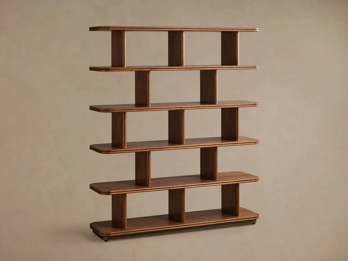 Front view of the brown Caden Shelving, a wooden shelving unit with five open shelves and rounded edges.
