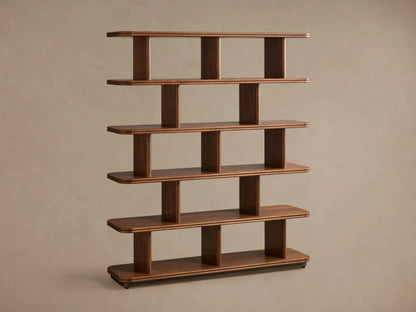 Front view of the brown Caden Shelving, a wooden shelving unit with five open shelves and rounded edges.