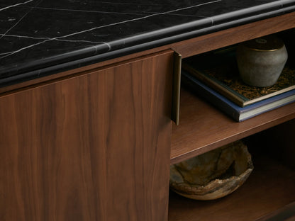 Caden Media Console, dark walnut wood with black Marquina stone top & antique bronze hardware. Right two doors open to shelves.