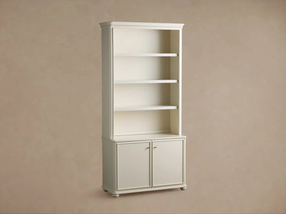Carlisle Hutch: Cream-colored wooden cabinet with open upper shelves, one bottom cabinet door ajar revealing an interior shelf.