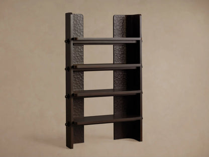 Chiseled Bookcase, dark mahogany wood with carved details. Upper shelf holds a white book, lower has a vase with flowers.