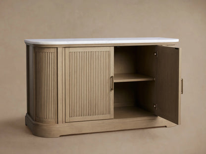 Coventry Buffet: Light white oak wood buffet with fluted doors, antique brass handles, and a white Carrara marble top.
