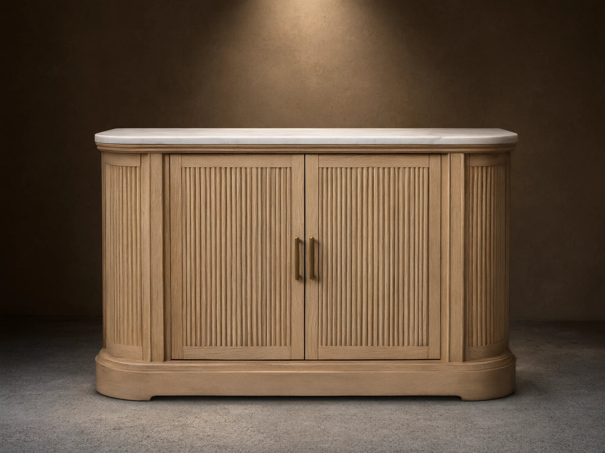 Coventry Buffet: Light white oak wood buffet with fluted doors, antique brass handles, and a white Carrara marble top.