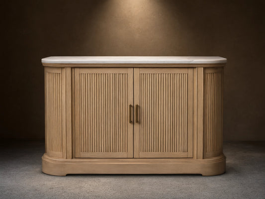 Coventry Buffet: Light white oak wood buffet with fluted doors, antique brass handles, and a white Carrara marble top.