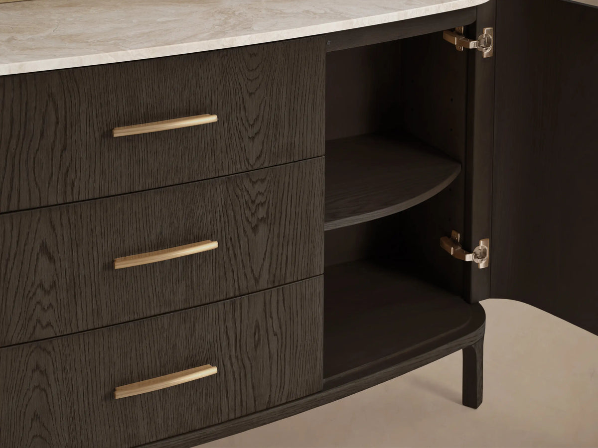 Front view of dark oak Danny Hutch with Drawers. Arched top, 3 shelves, white Carrara marble, 3 drawers with gold pulls, & cabinet.