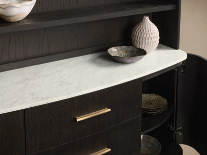 Front view of the Danny Hutch with Drawers, dark oak wood, white Carrara marble top, three shelves, three drawers with gold pulls.