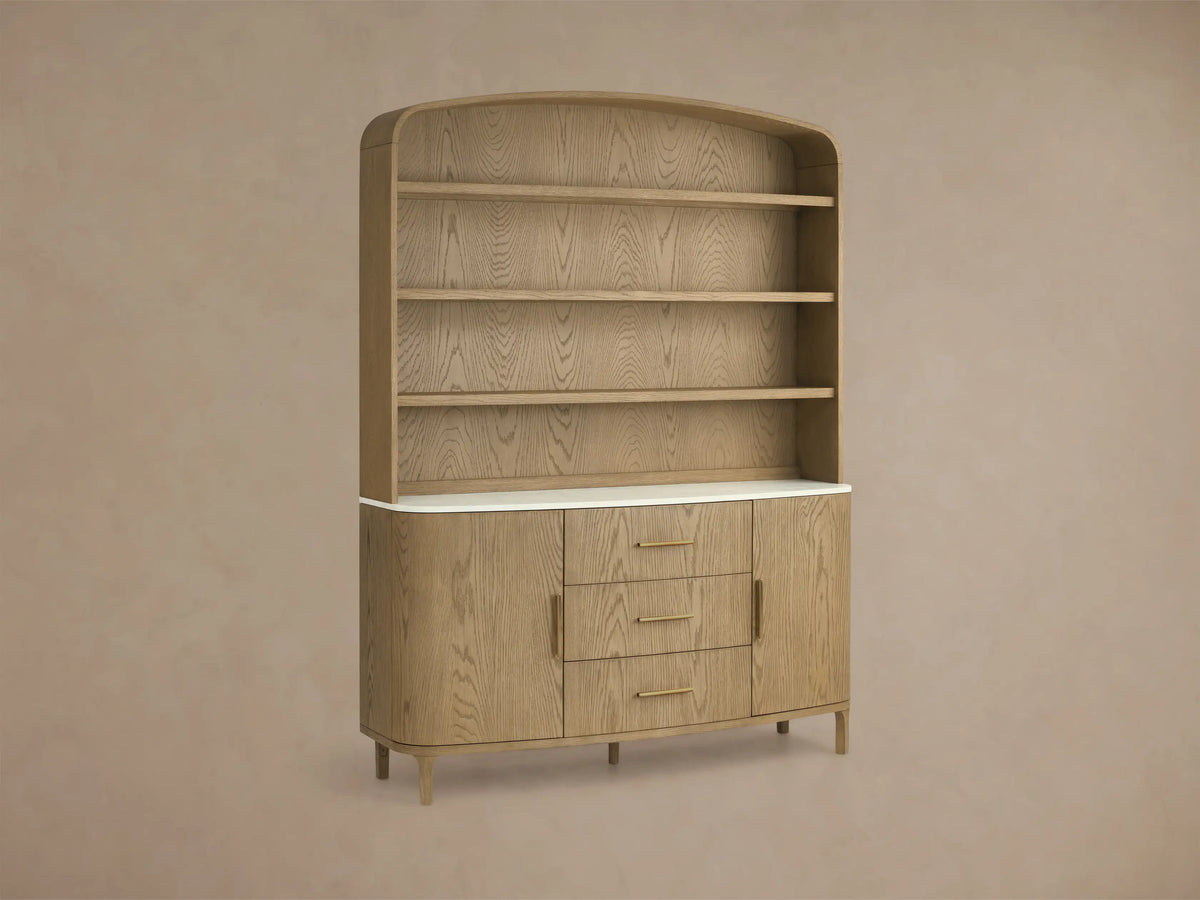 Front view of light oak wood Danny Hutch with Drawers. Three shelves, white marble top, three drawers, and two cabinet doors.