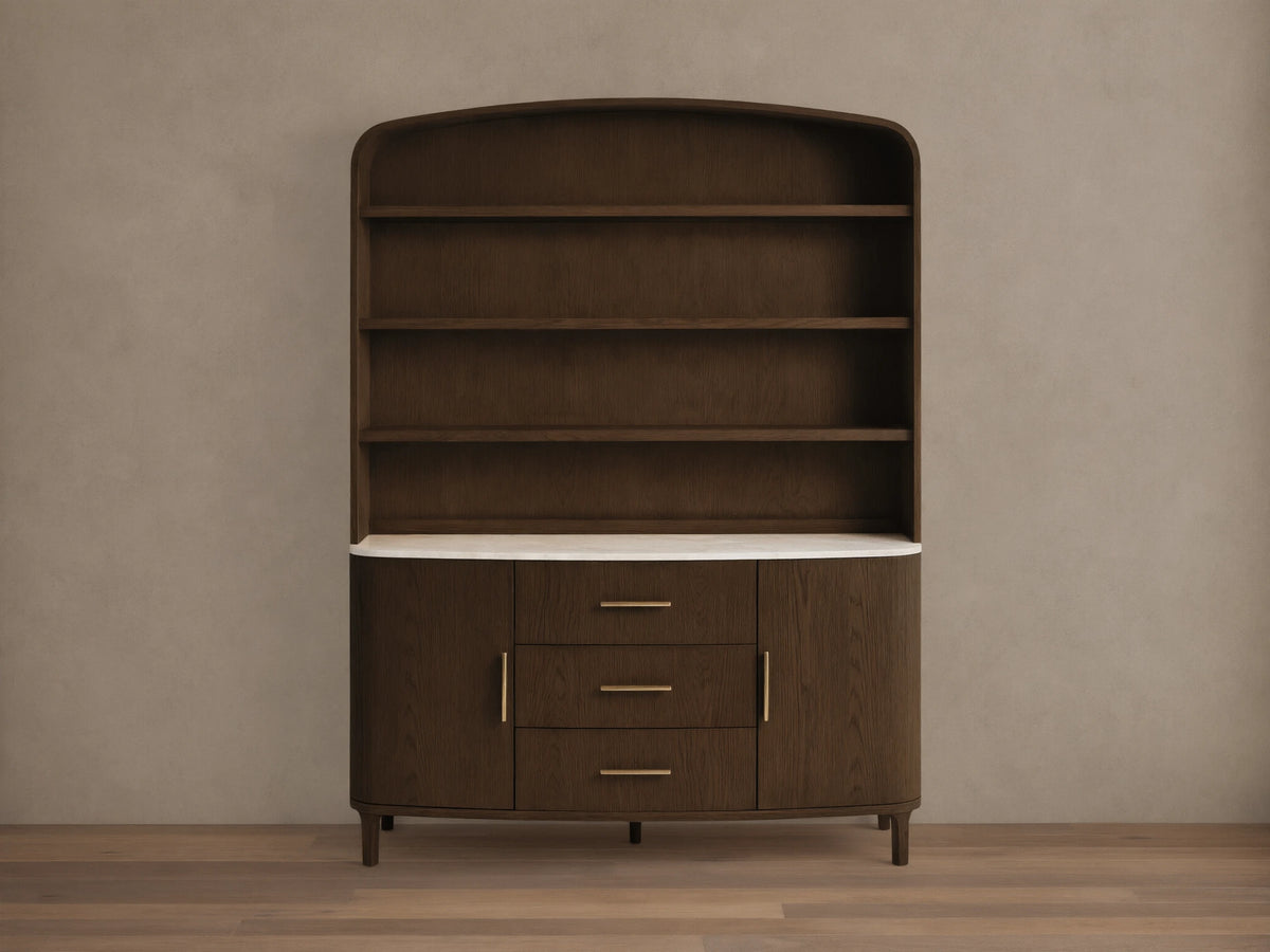 Front view of the dark oak Danny Hutch with Drawers, featuring a white marble countertop, three open shelves, three drawers with brass pulls, and two cabinet doors.