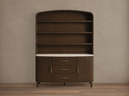 Front view of the dark oak Danny Hutch with Drawers, featuring a white marble countertop, three open shelves, three drawers with brass pulls, and two cabinet doors.