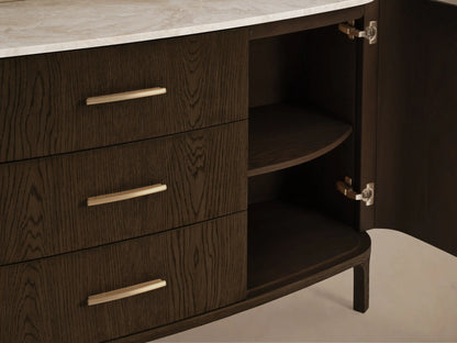 Close-up of the Danny Hutch with Drawers, with three dark oak drawers, light wood pulls, a white marble top, and an open cabinet with a curved shelf.