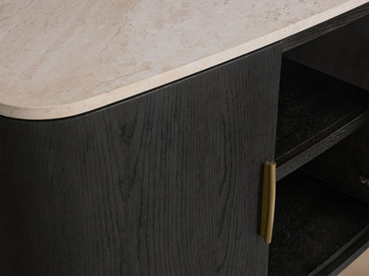 Danny Sideboard with a fawn-finished oak wood body, earth-toned marble top, brass-finished handle, and visible shelves.