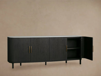 Danny Sideboard with dark wood finish, brass handles, and white marble top. It features four doors and stands on short legs.