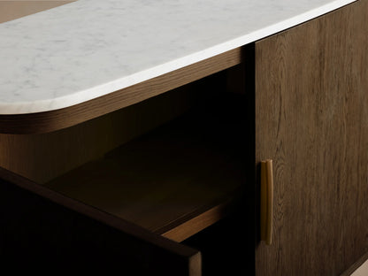 Front view of a dark brown wood sideboard with curved edges, a white top, and one right door open revealing two internal shelves.