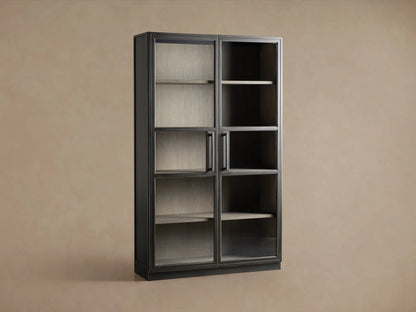 Factory Cabinet with dark Usine Black finish, glass-paneled doors, iron handles, and chic grey interior shelves.