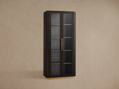 Finnley Glass Cabinet in a dark wood finish, featuring tempered glass doors with brass pulls, and a brass-accented base.
